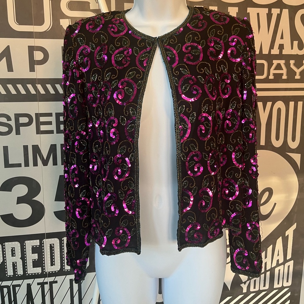Vintage Black and Pink Sequin and Silk Cadigan Blazer Jacket Maximalist Glam